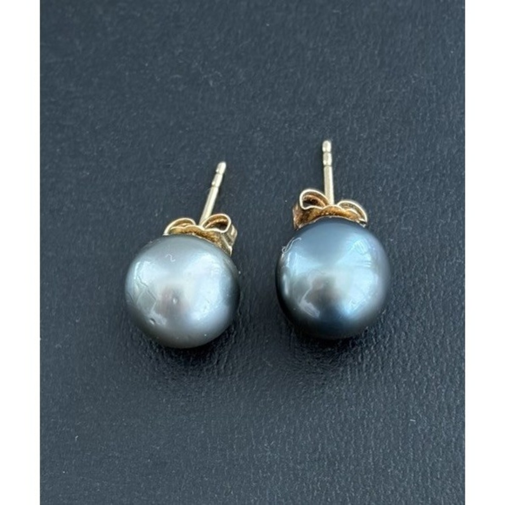 Tahitian Pearl Earrings 14K Yellow Gold Round Stud Post Earring Black Silver